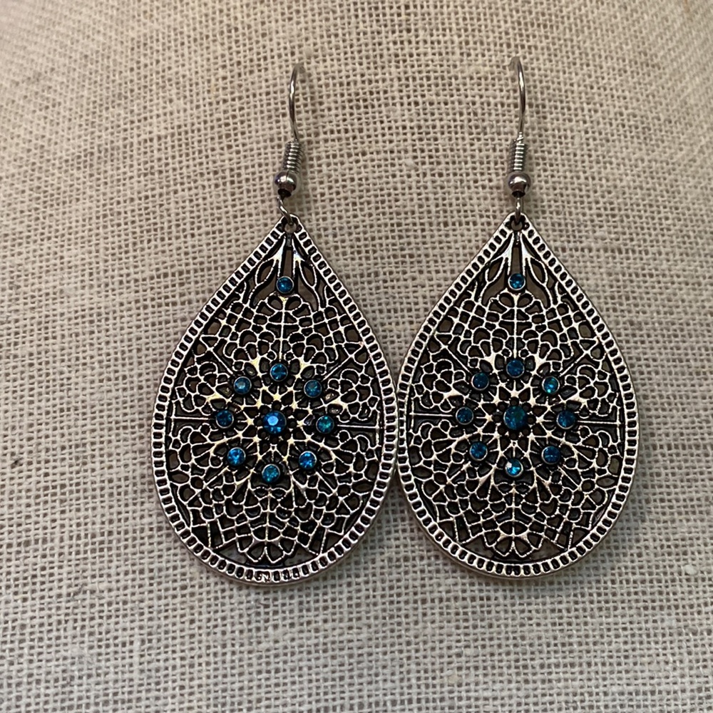 Silver and Blue Rhinestone Earrings